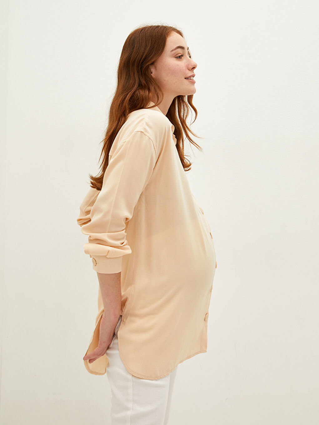 Bej Düz Uzun Kollu Viskon Hamile Gömlek Tunik-5