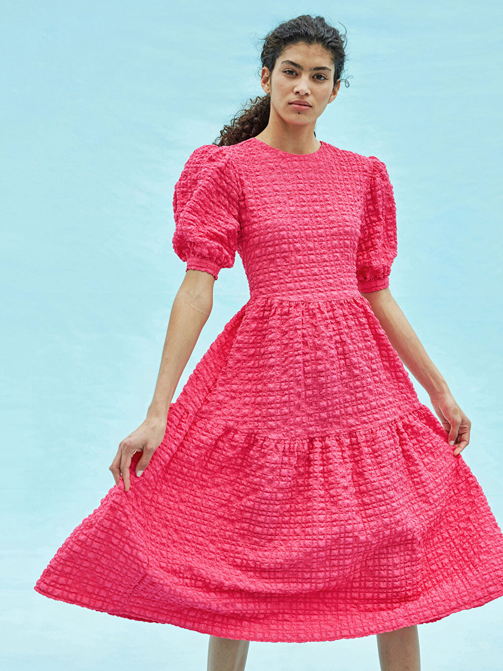 Fuşya GOFRE YUVARLAK YAKA BALON KOLLU KADIN GALİA ELBİSE-1