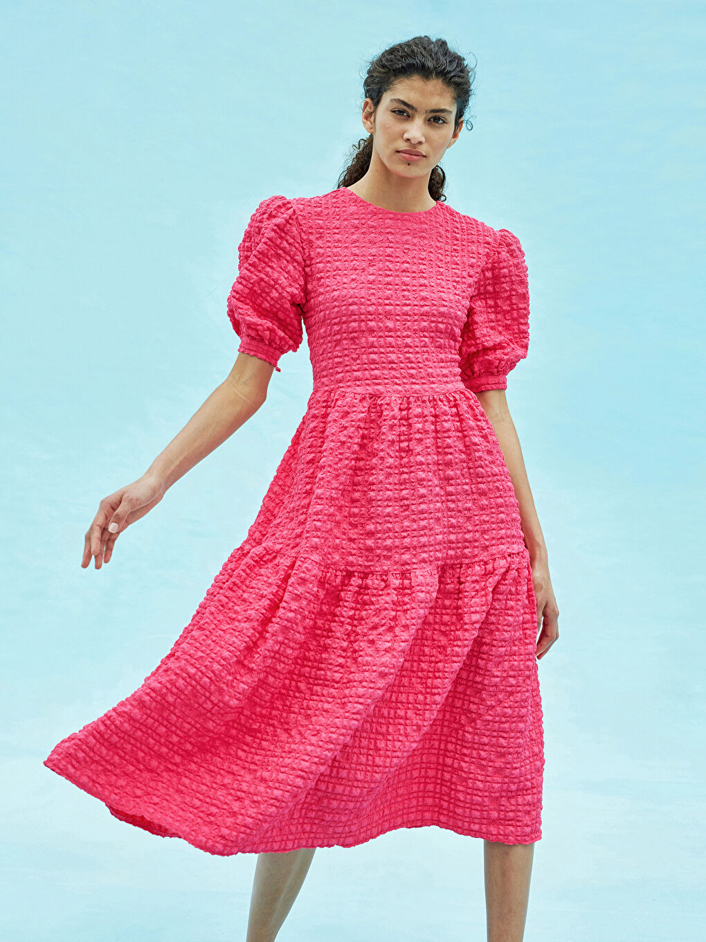 Fuşya GOFRE YUVARLAK YAKA BALON KOLLU KADIN GALİA ELBİSE-3