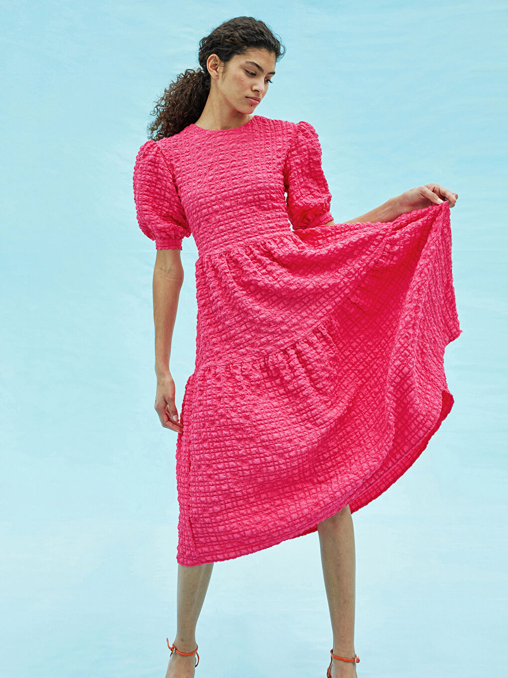 Fuşya GOFRE YUVARLAK YAKA BALON KOLLU KADIN GALİA ELBİSE-4