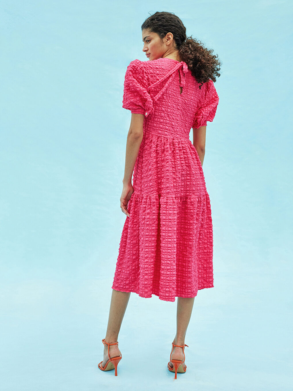 Fuşya GOFRE YUVARLAK YAKA BALON KOLLU KADIN GALİA ELBİSE-5