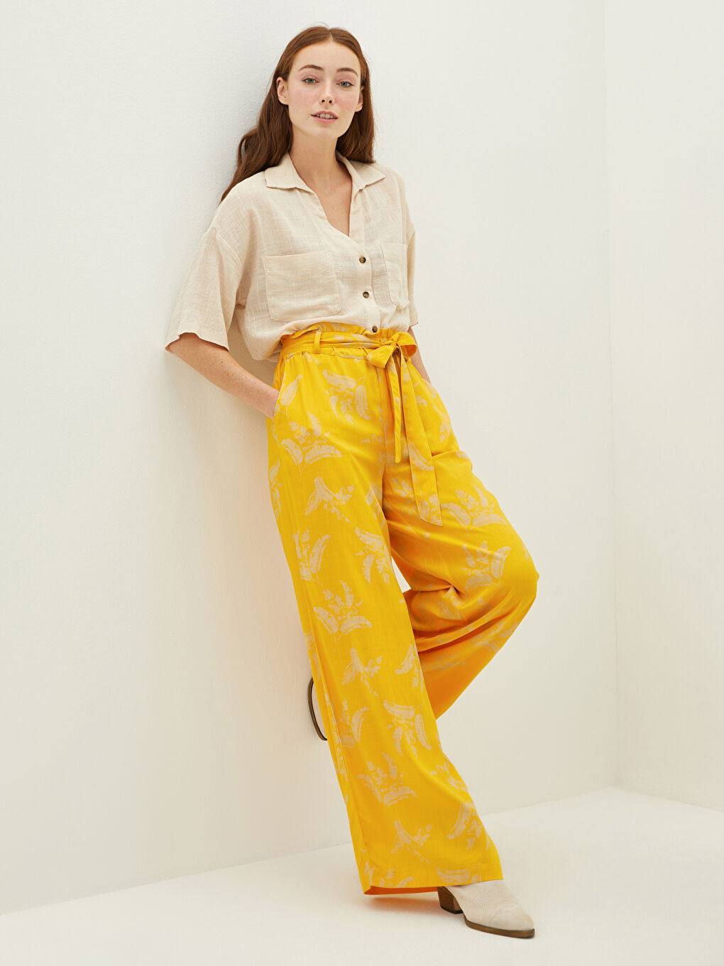 Elastic Waist Patterned Wide Leg Viscose Women's Trousers