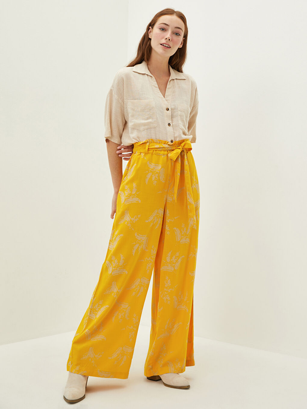 Elastic Waist Patterned Wide Leg Viscose Women's Trousers-1