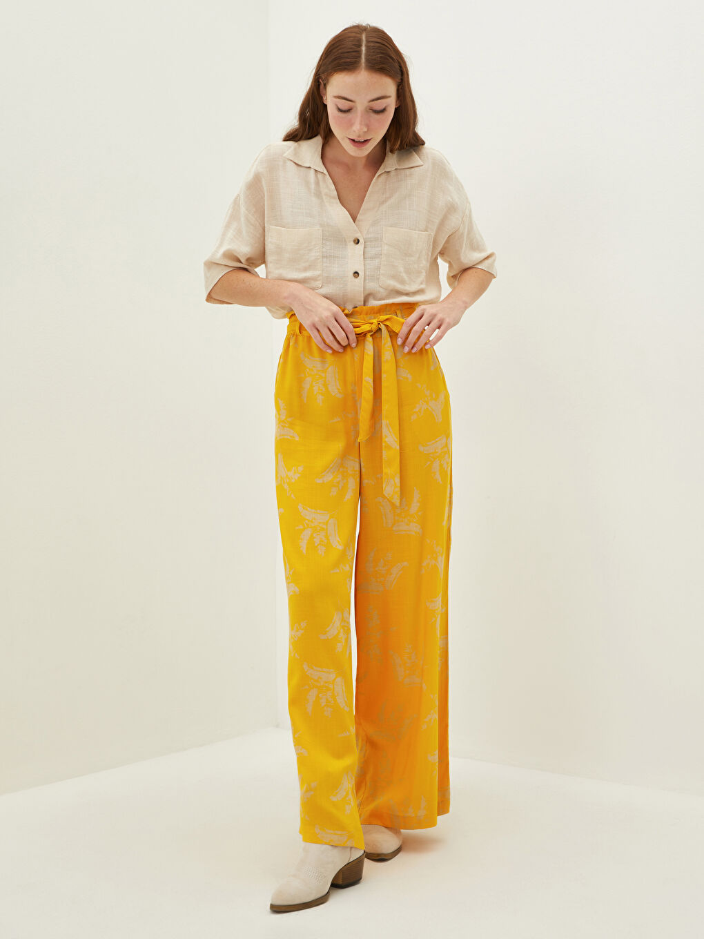 Elastic Waist Patterned Wide Leg Viscose Women's Trousers-2