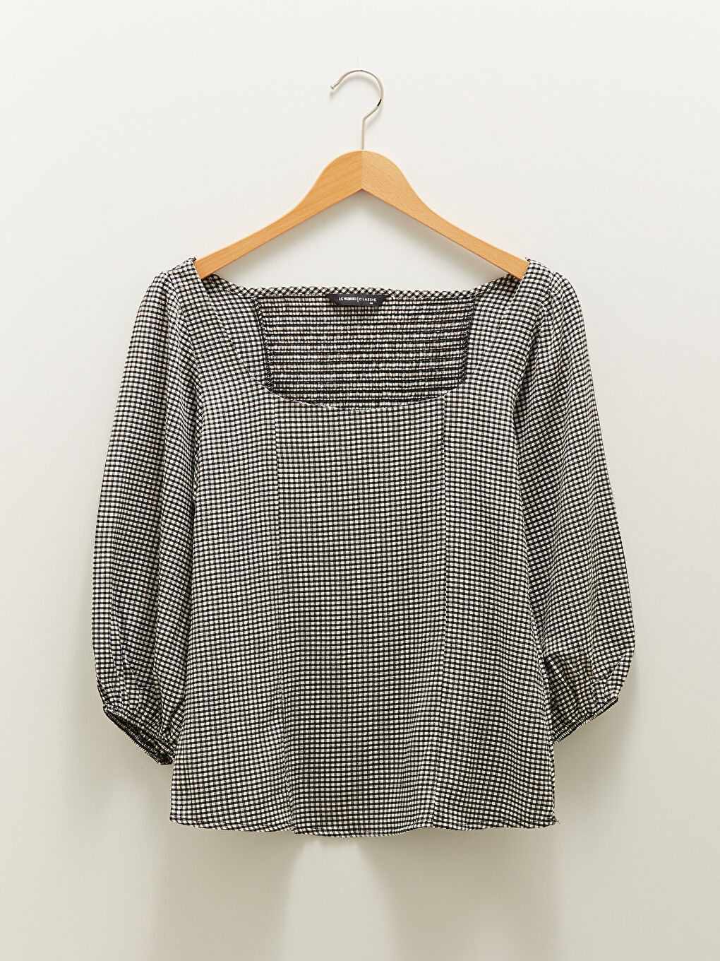 Siyah Kare Yaka Ekose Uzun Kollu Viskon Kadın Bluz-4