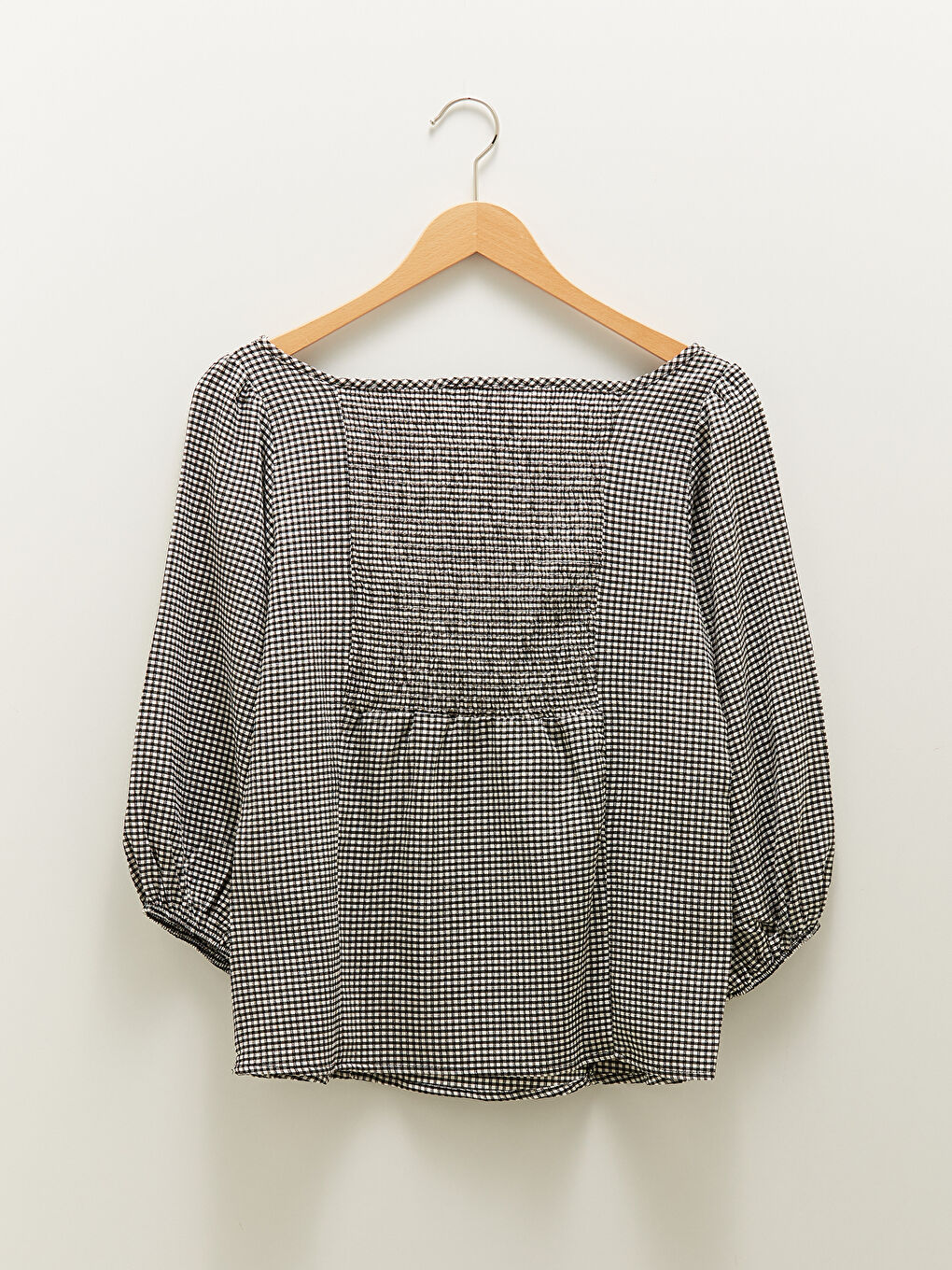 Siyah Kare Yaka Ekose Uzun Kollu Viskon Kadın Bluz-5