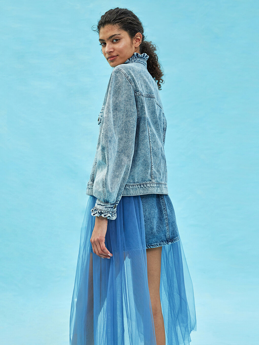 LC WAIKIKI RUFFLED COLLAR BALLOON SLEEVE POCKET DETAILED WOMEN BELEN JEAN JEAN JACKET -S1K667Z8-502