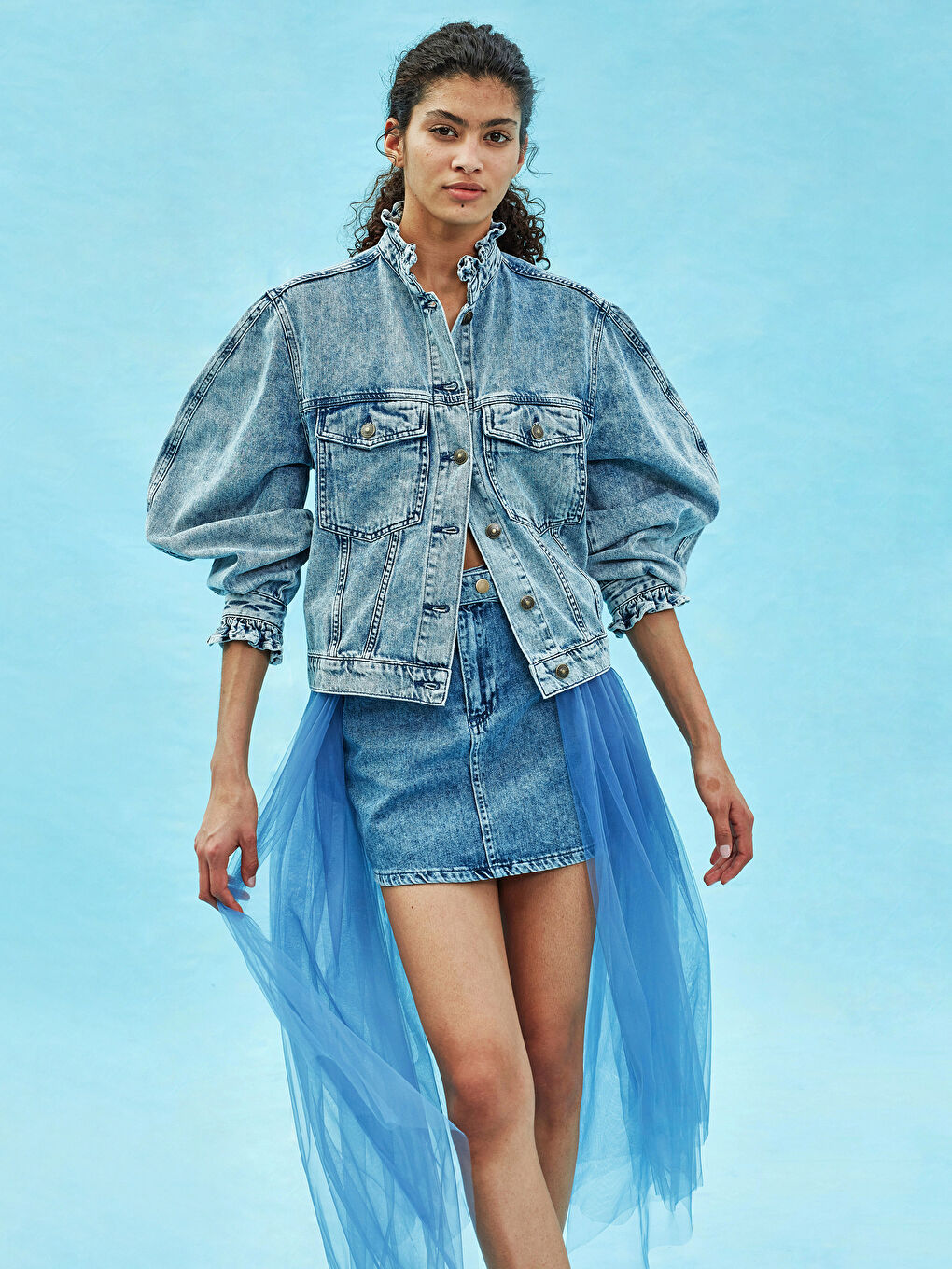 LC WAIKIKI RUFFLED COLLAR BALLOON SLEEVE POCKET DETAILED WOMEN BELEN JEAN JEAN JACKET -S1K667Z8-502