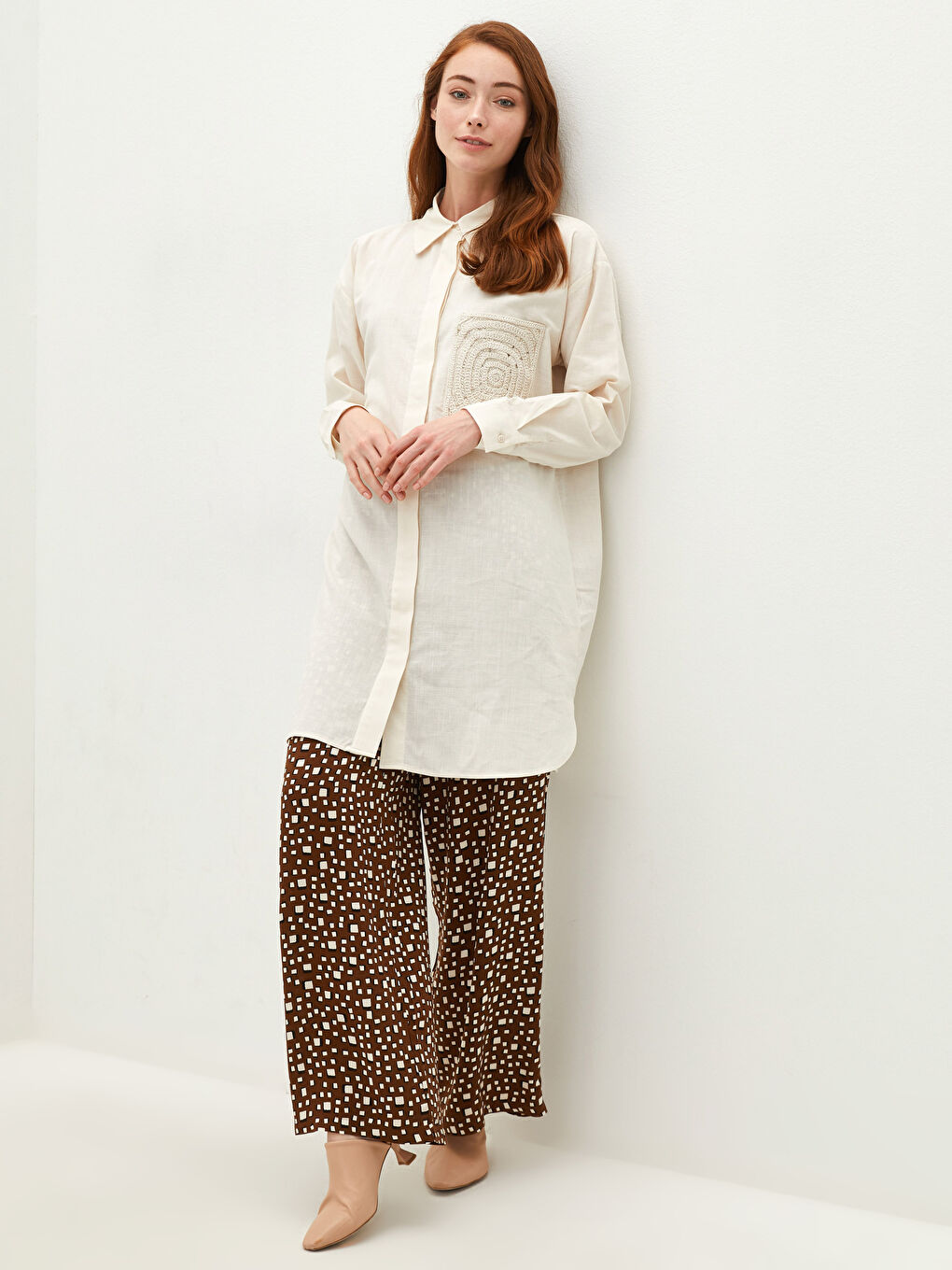 Elastic Waist Patterned Wide Leg Viscose Women's Trousers-1