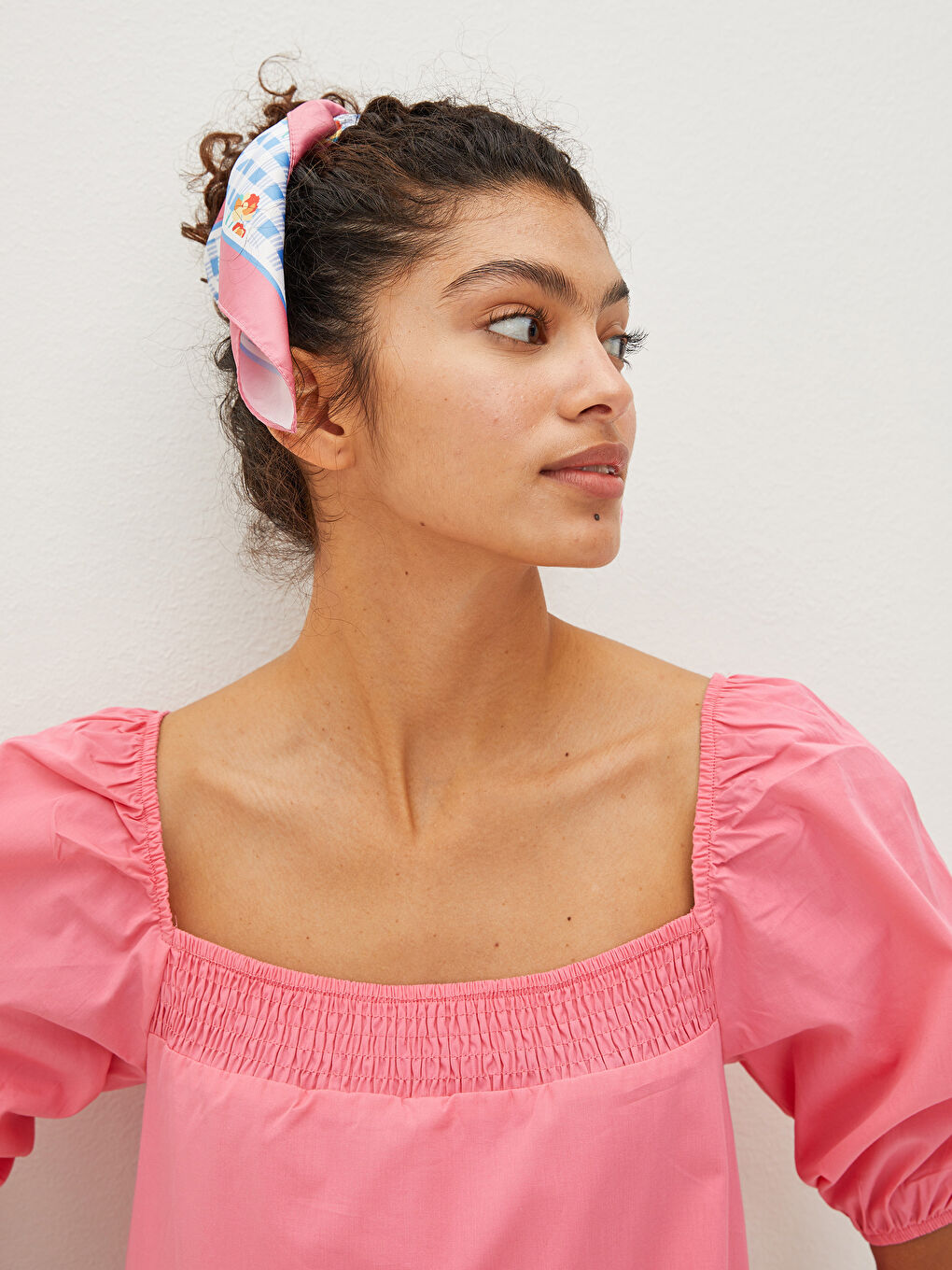 Robe pour Femmes en Popeline à Col Carré Unie avec Manches Ballon-4