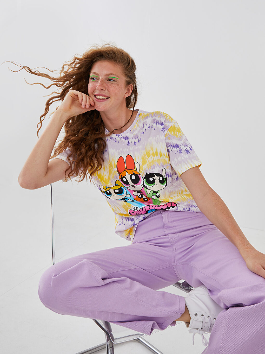 Lila Bisiklet Yaka Powerpuff Girls Baskılı Kadın Tişört-1