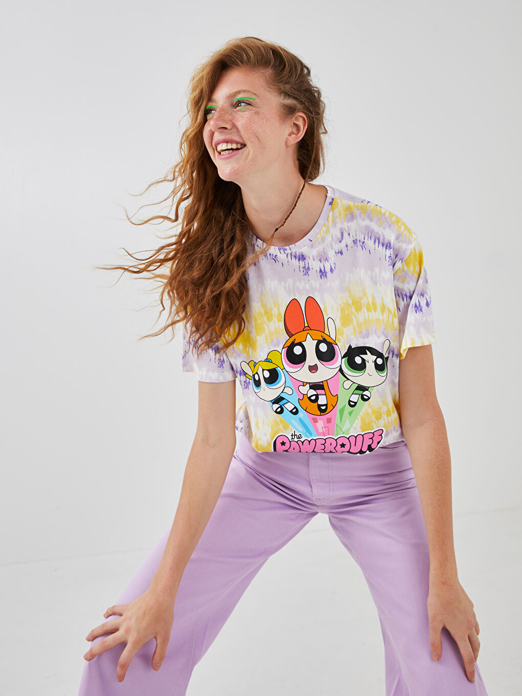 Lila Bisiklet Yaka Powerpuff Girls Baskılı Kadın Tişört-2