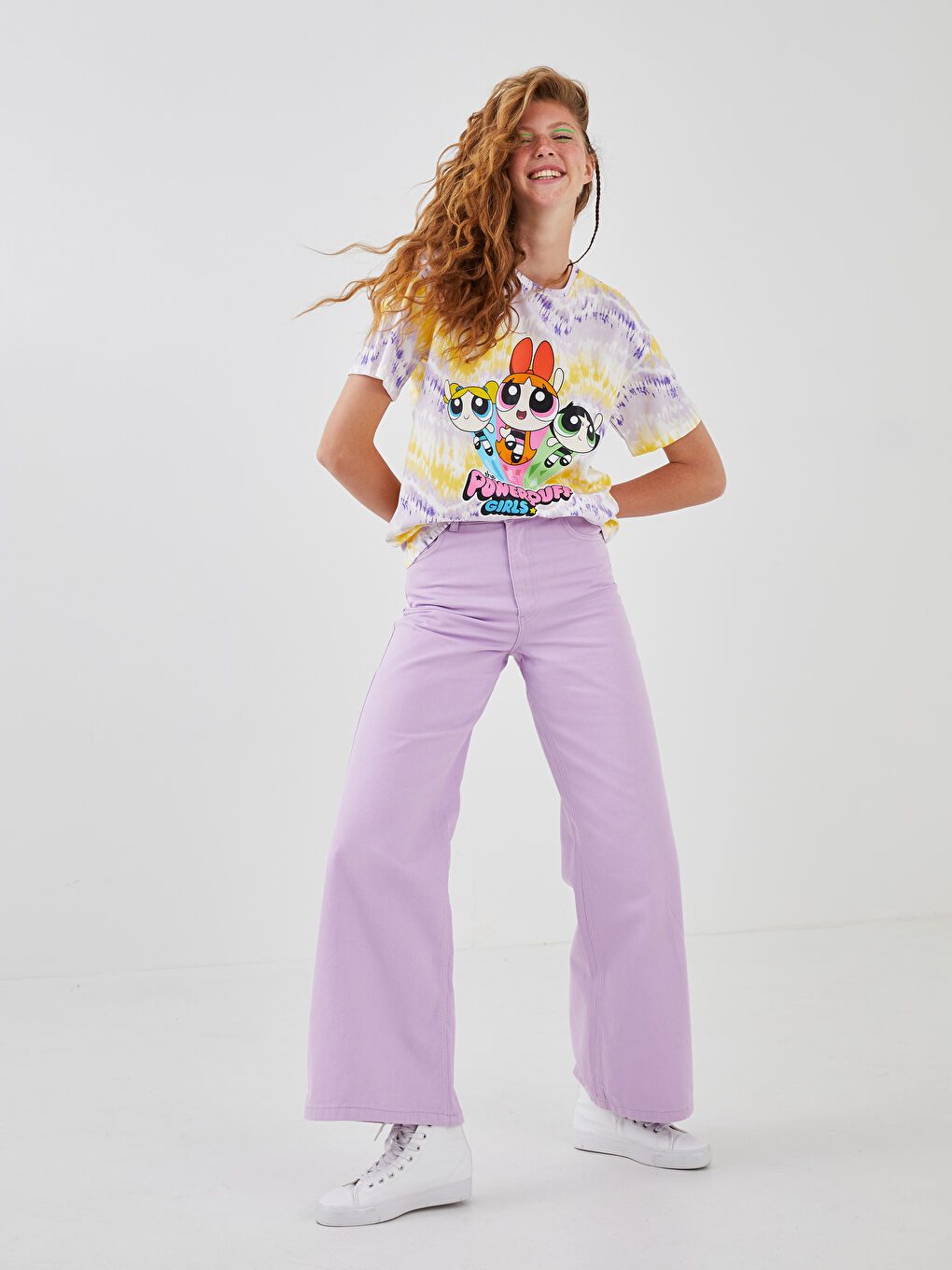 Lila Bisiklet Yaka Powerpuff Girls Baskılı Kadın Tişört-3