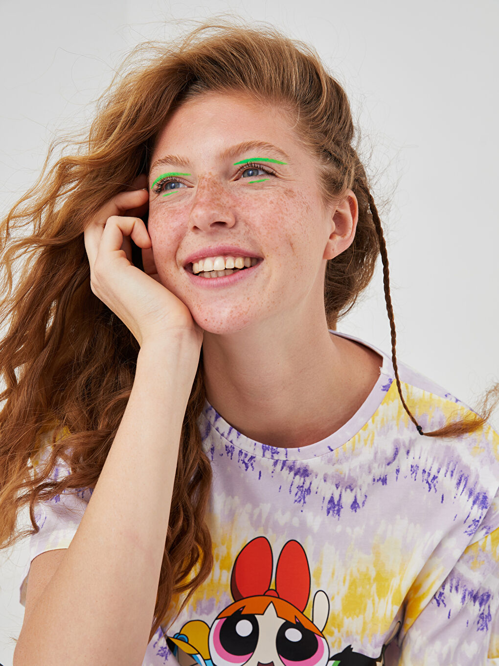 Lila Bisiklet Yaka Powerpuff Girls Baskılı Kadın Tişört-5