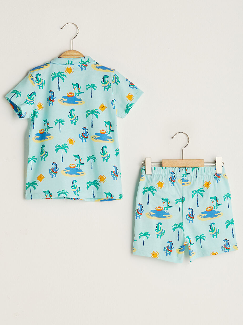 Yeşil Gömlek Yaka Kısa Kol Baskılı Erkek Bebek Pijama Takımı-1