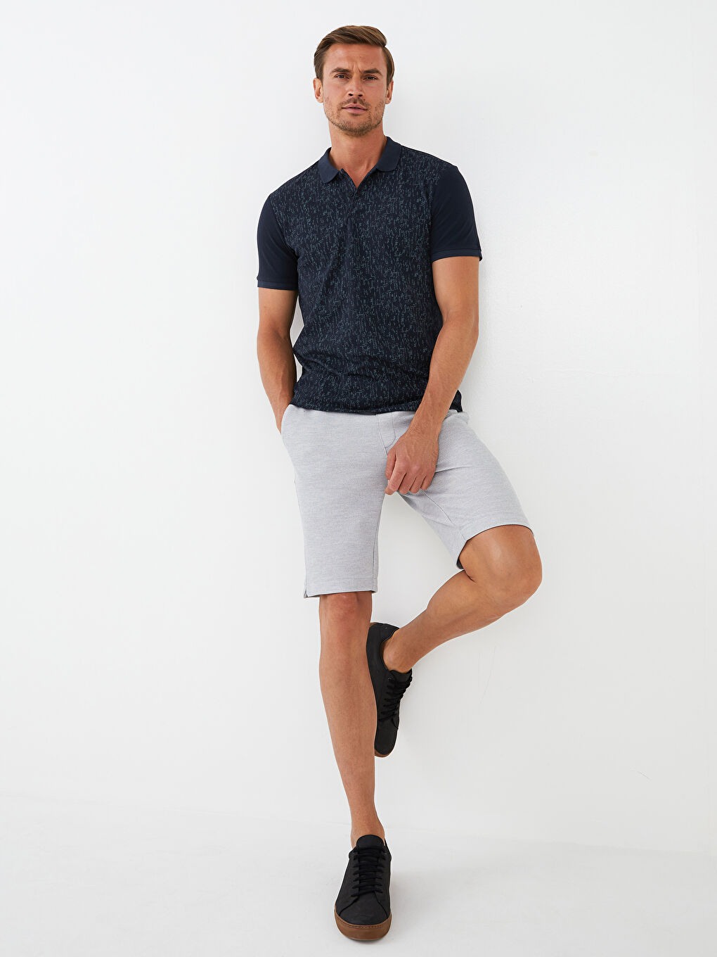 Siyah Polo Yaka Kısa Kollu Desenli Pike Erkek Tişört-2