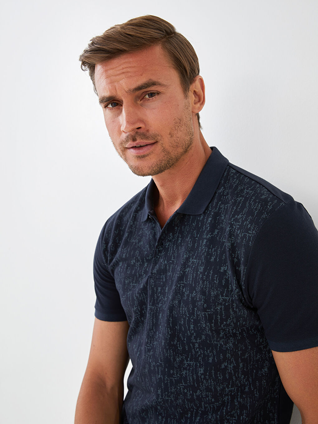 Siyah Polo Yaka Kısa Kollu Desenli Pike Erkek Tişört-3