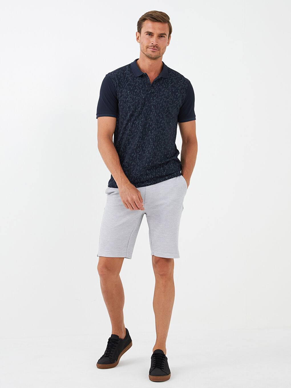 Siyah Polo Yaka Kısa Kollu Desenli Pike Erkek Tişört-4