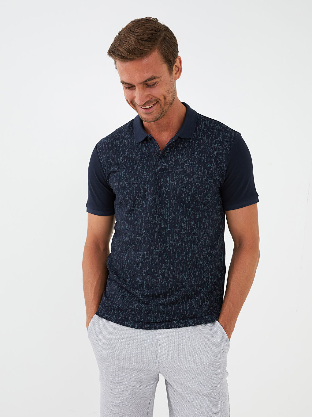 Siyah Polo Yaka Kısa Kollu Desenli Pike Erkek Tişört-1