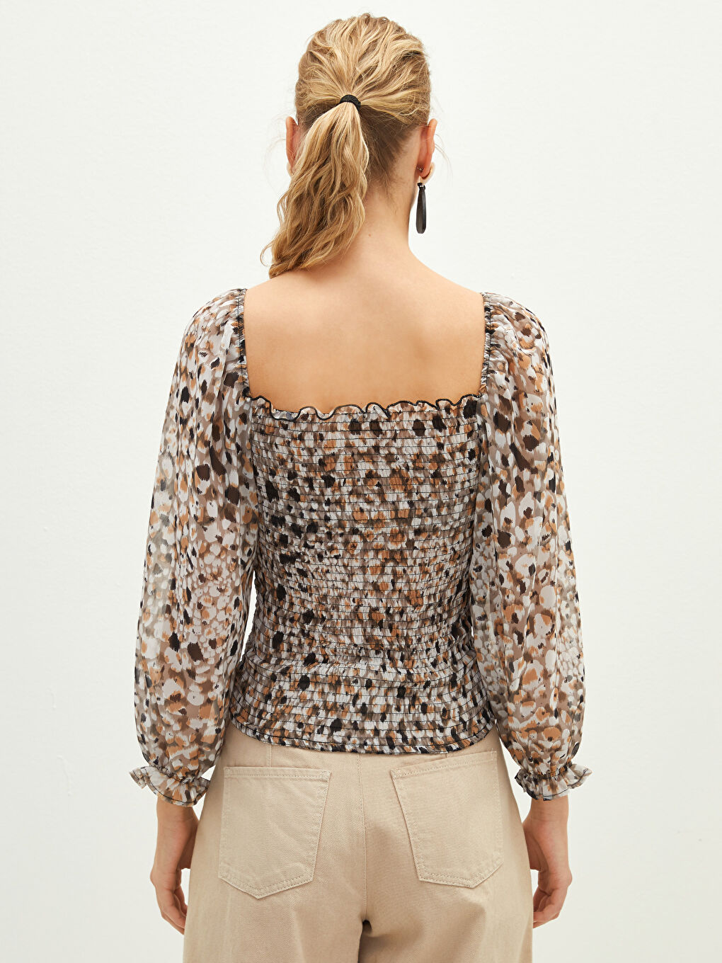 Square Neck Floral Long Sleeve Chiffon Women's Blouse-4