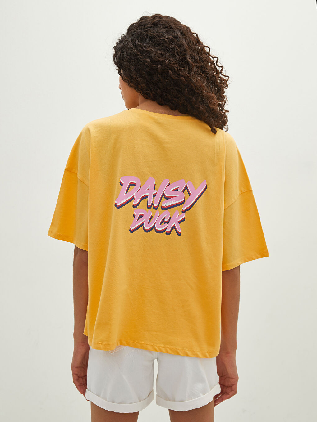 Sarı Bisiklet Yaka Daisy Duck Baskılı Kısa Kollu Pamuklu Kadın Tişört Anne Kız Kombini-5