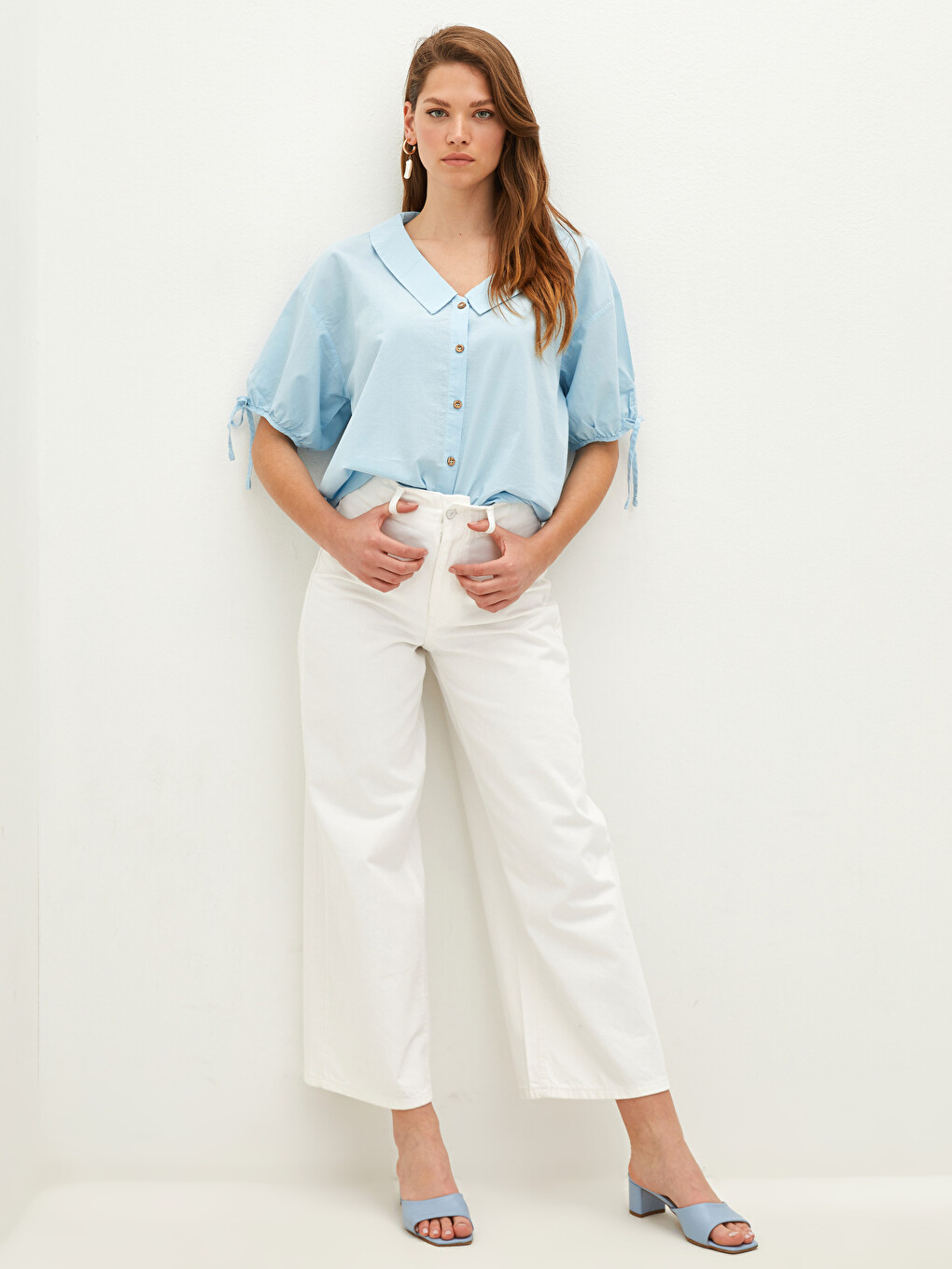 Flat Front Button Closure Tie-down Sleeves Poplin Women's Shirt-2