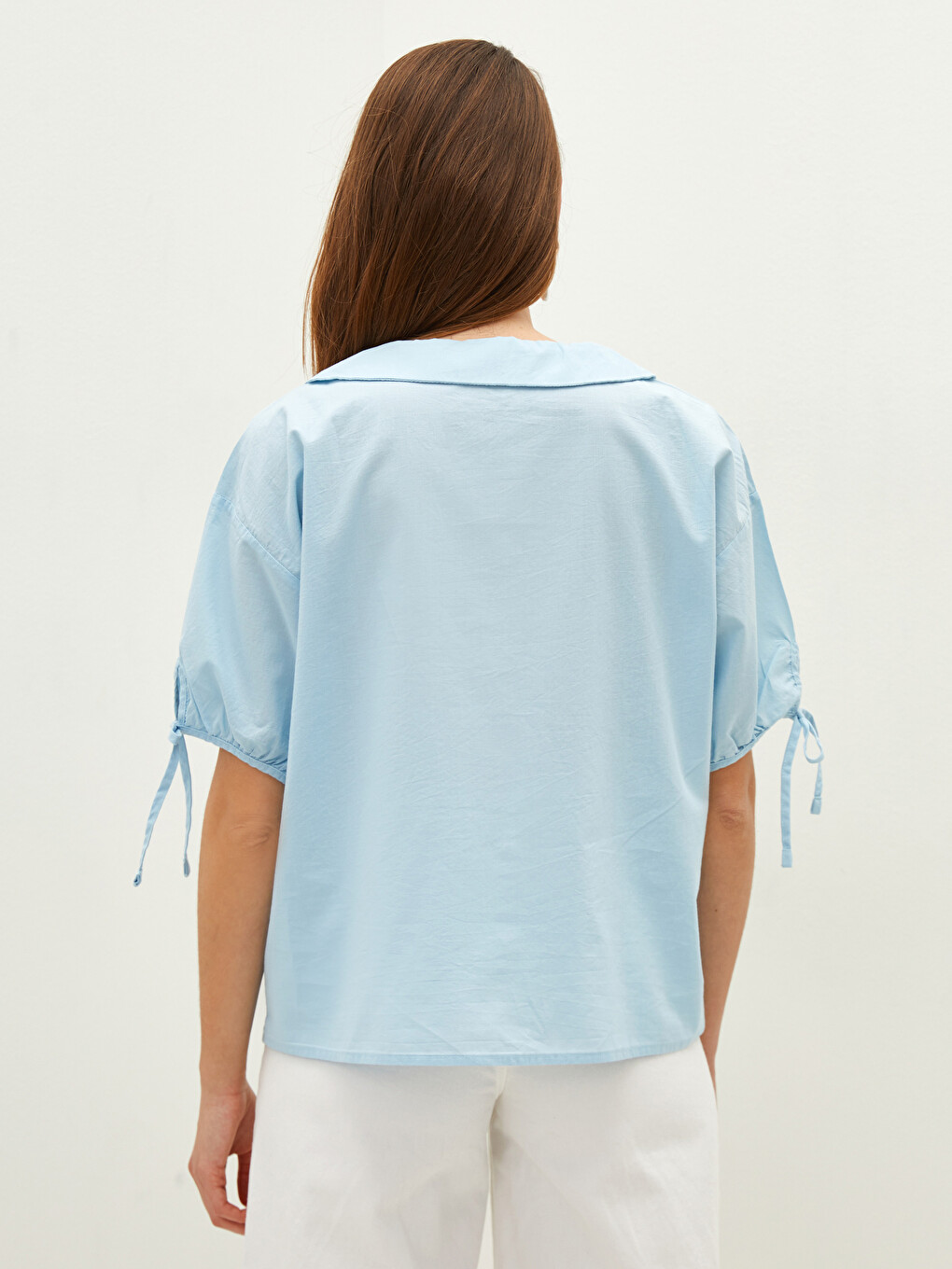 Flat Front Button Closure Tie-down Sleeves Poplin Women's Shirt-4