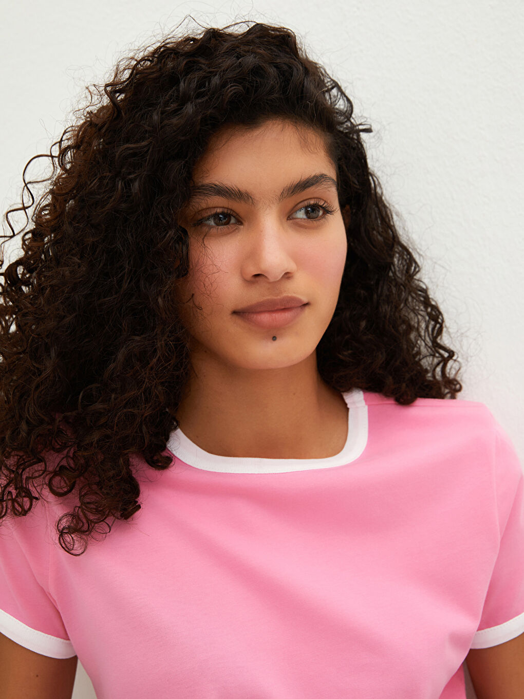 Pembe Bisiklet Yaka Düz Kısa Kollu Kadın Tişört-9