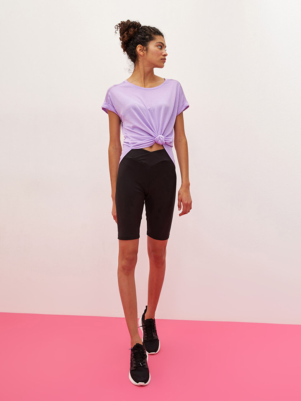 Siyah Kadın Beli Lastikli Düz Spor Biker Tayt-3