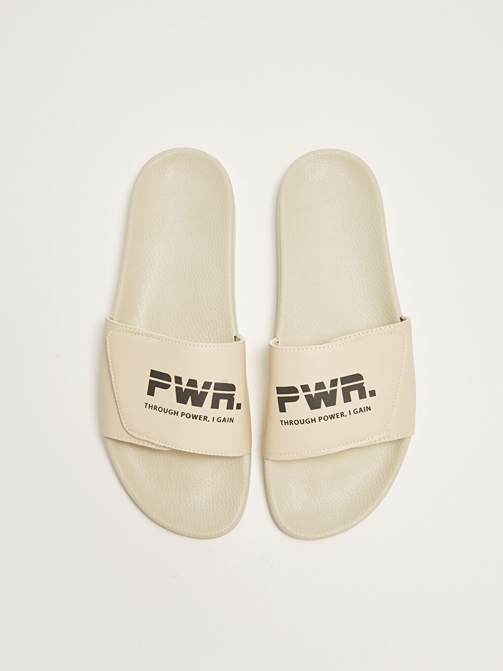 Ekru Slogan Baskılı Cırt Cırtlı Tek Bantlı Erkek Terlik-2