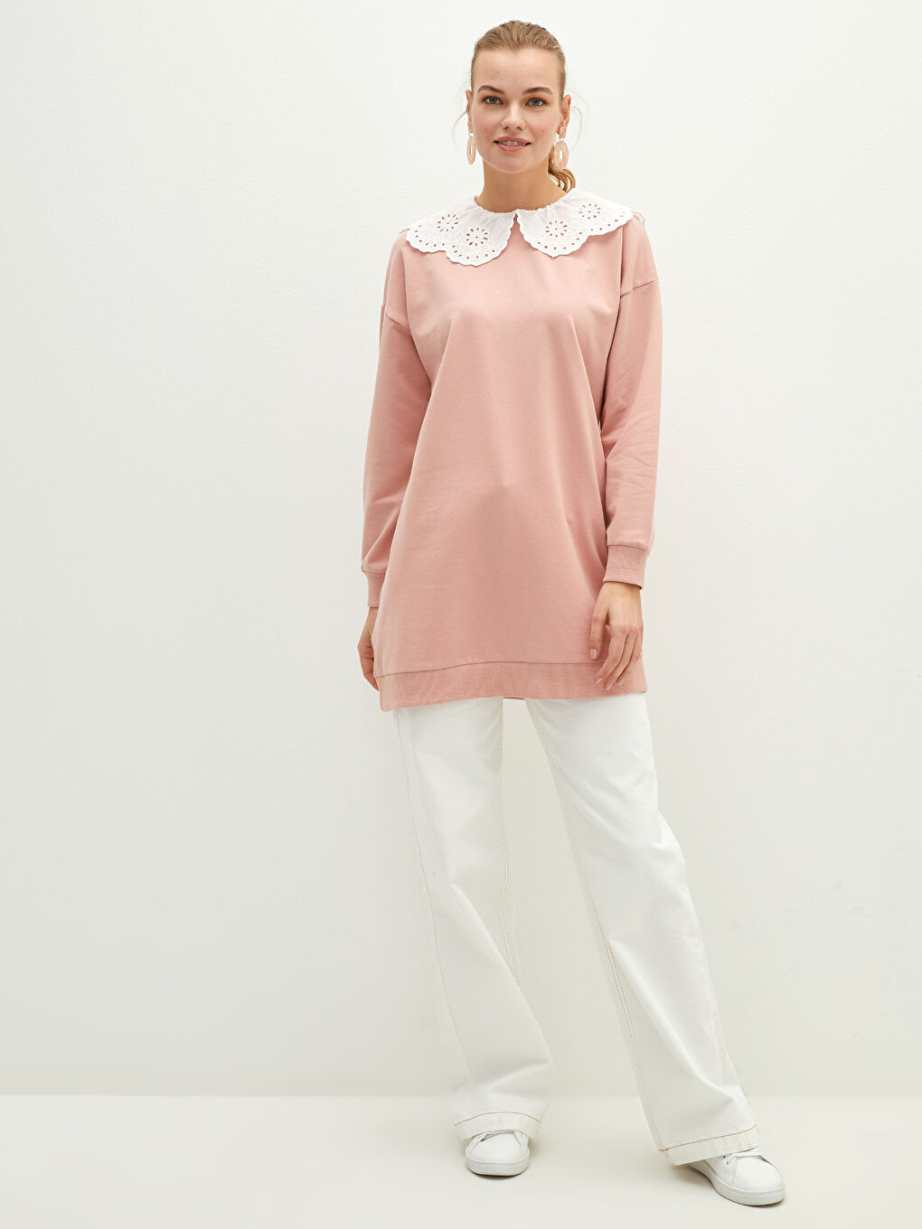 Свитшот-туника с большим воротником, вышитый, с длинным рукавом для женщин-2