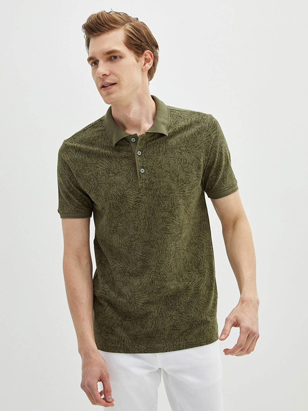 Haki Polo Yaka Kısa Kollu Desenli Erkek Tişört-1
