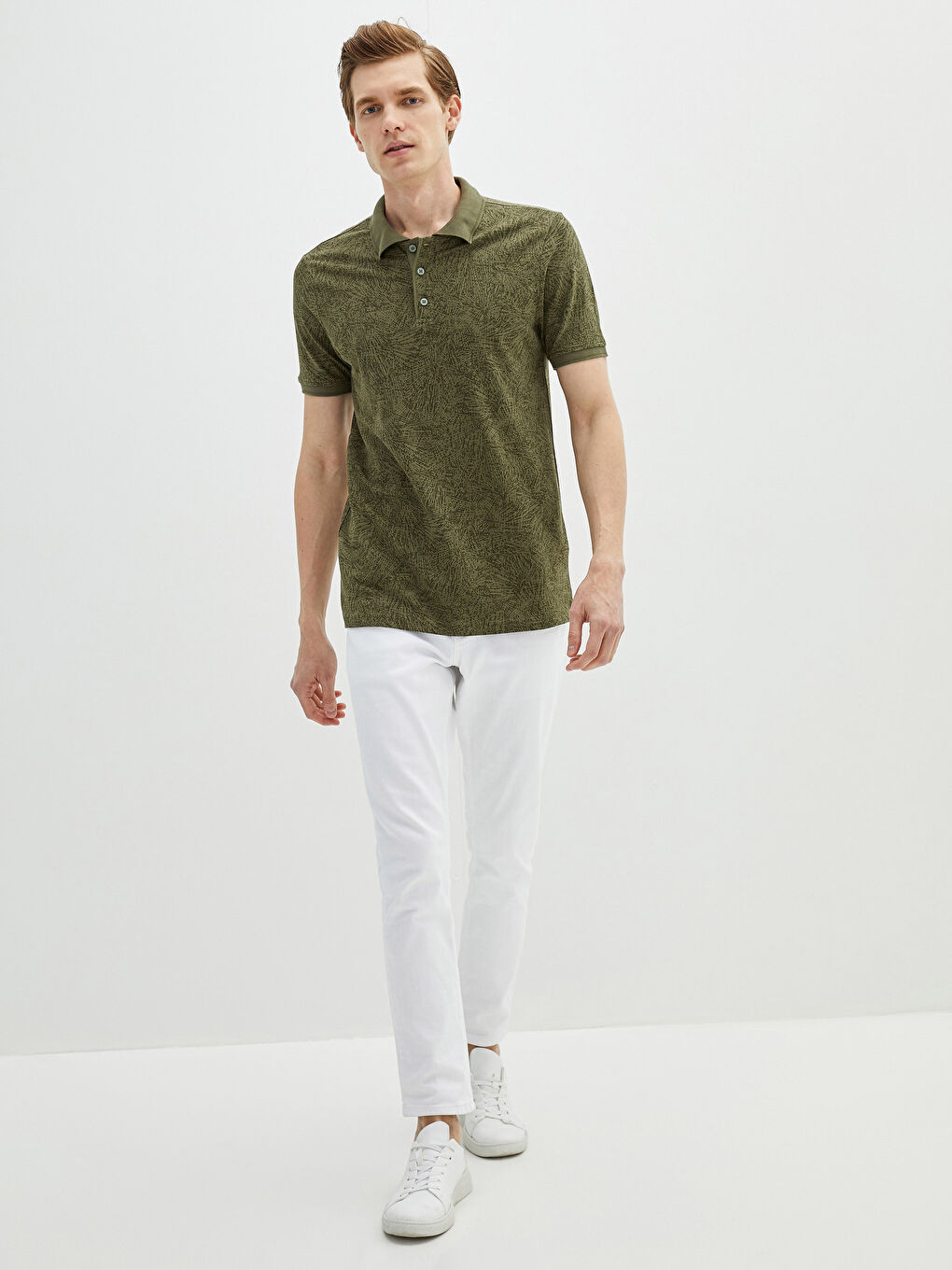 Haki Polo Yaka Kısa Kollu Desenli Erkek Tişört-4