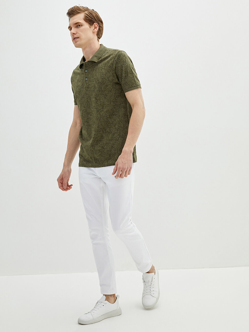 Haki Polo Yaka Kısa Kollu Desenli Erkek Tişört-5