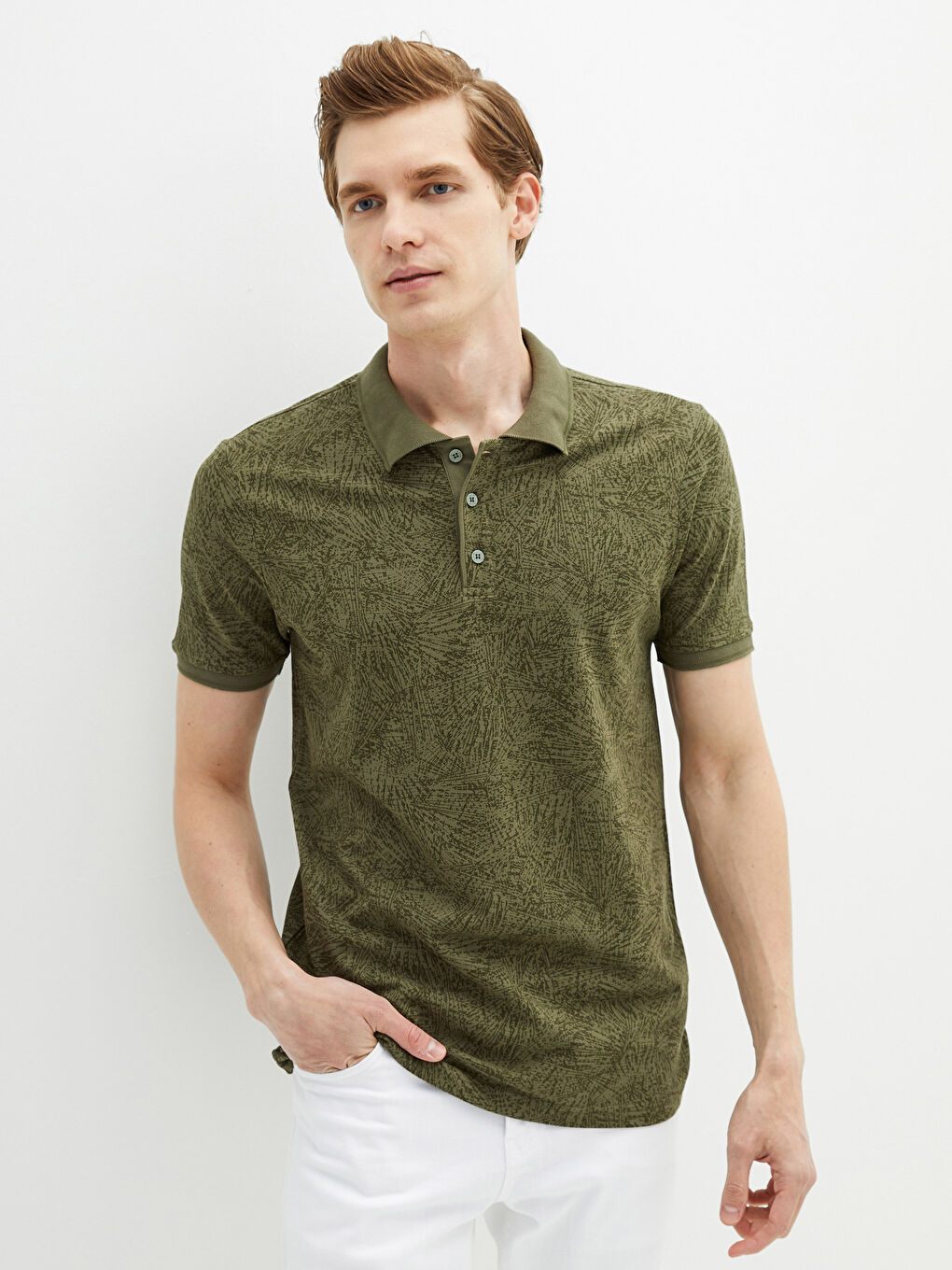 Haki Polo Yaka Kısa Kollu Desenli Erkek Tişört-7