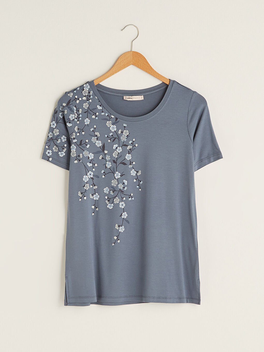 İndigo Bisiklet Yaka Baskılı Kısa Kollu Kadın Tişört-6