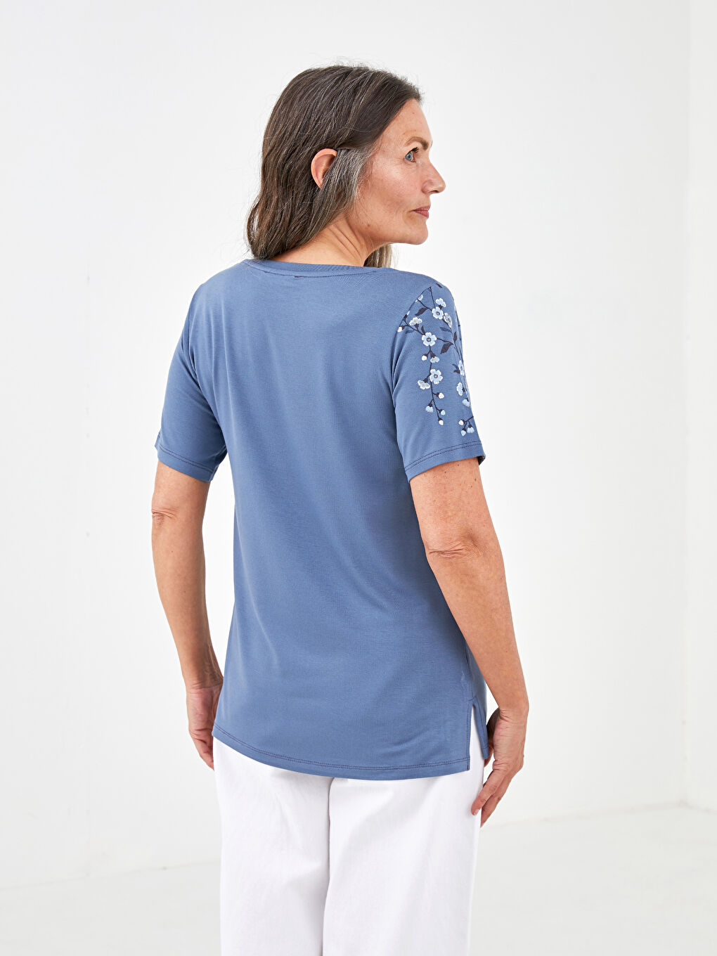 İndigo Bisiklet Yaka Baskılı Kısa Kollu Kadın Tişört-4