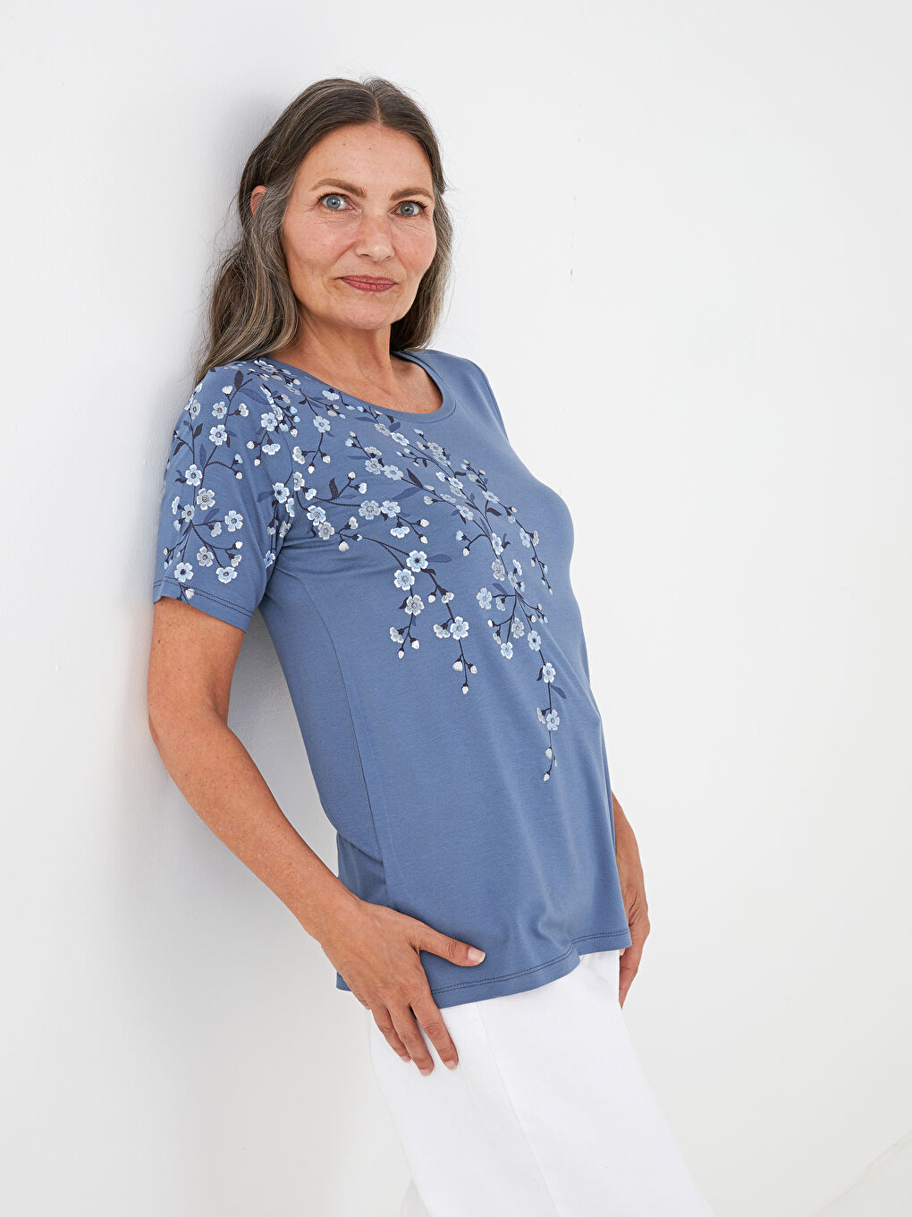 İndigo Bisiklet Yaka Baskılı Kısa Kollu Kadın Tişört-5