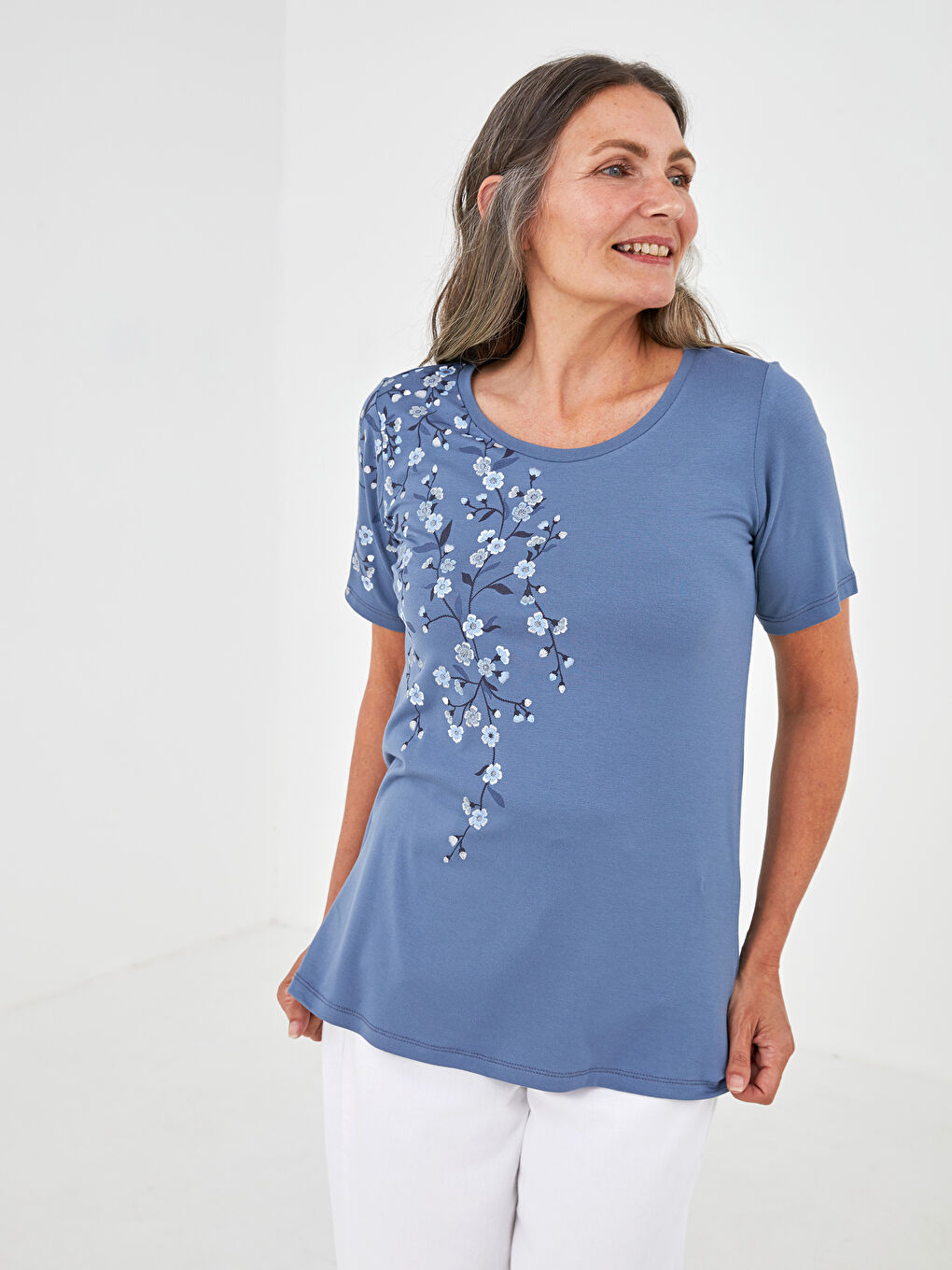 İndigo Bisiklet Yaka Baskılı Kısa Kollu Kadın Tişört