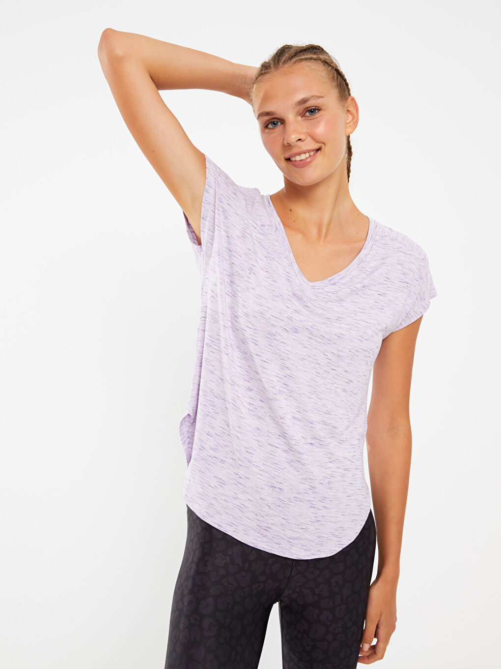 Mor V Yaka Düz Kısa Kollu Kadın Spor Tişört