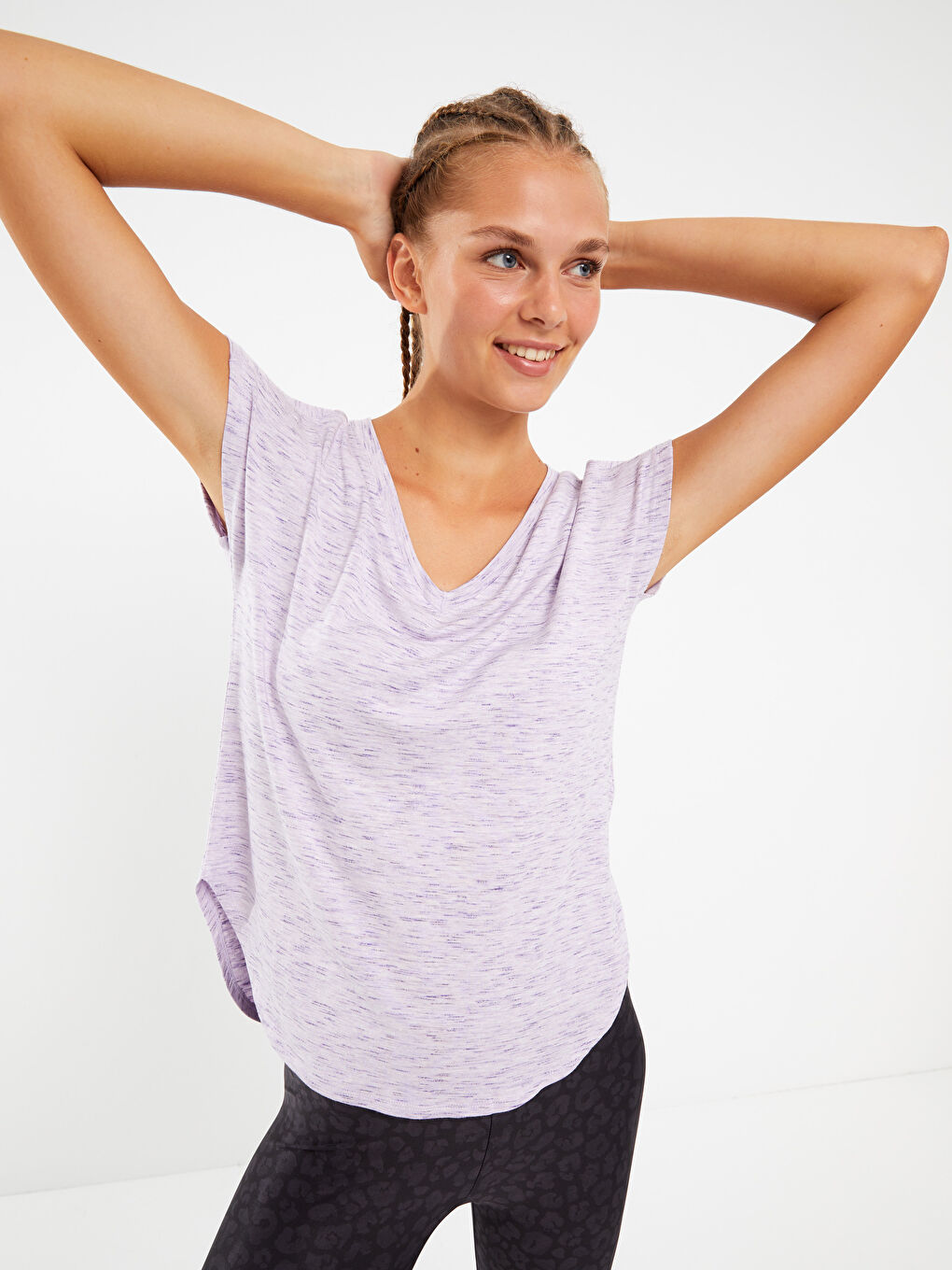 Mor V Yaka Düz Kısa Kollu Kadın Spor Tişört-1