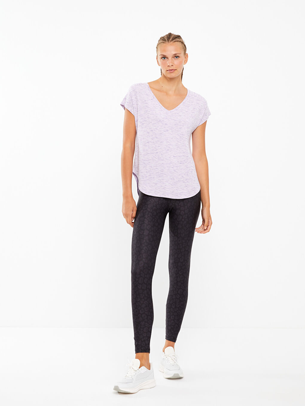 Mor V Yaka Düz Kısa Kollu Kadın Spor Tişört-2