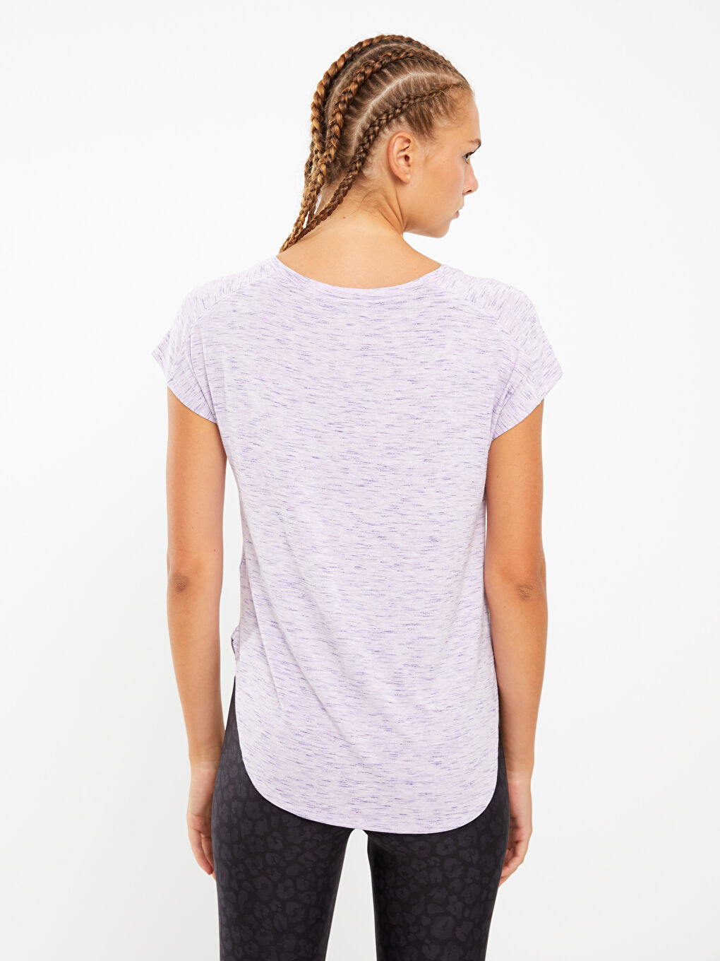 Mor V Yaka Düz Kısa Kollu Kadın Spor Tişört-4