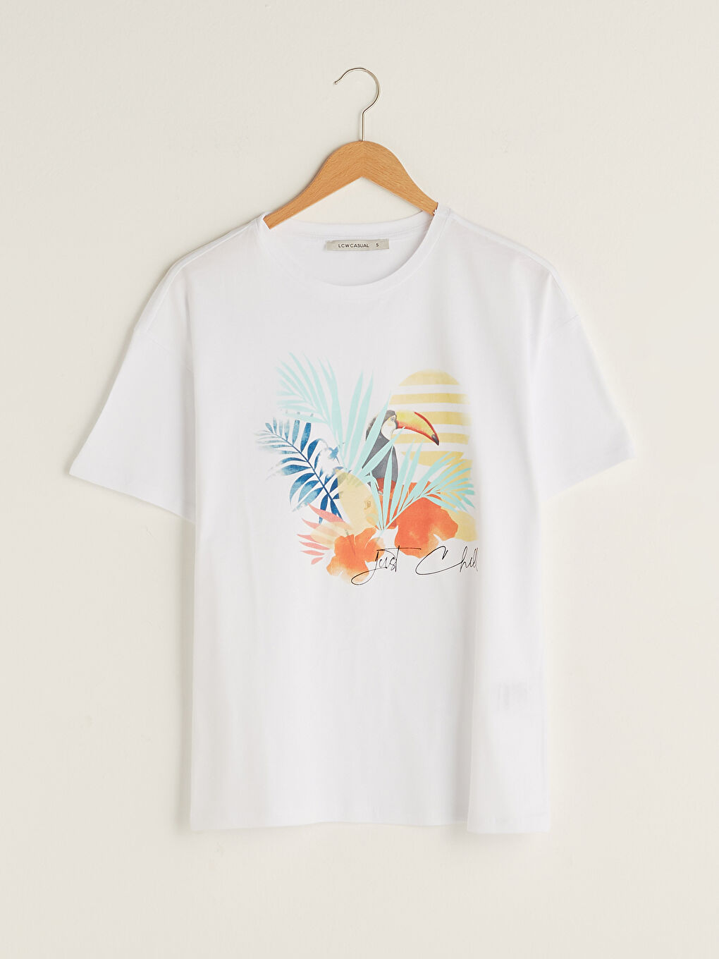 Beyaz Bisiklet Yaka Baskılı Kısa Kollu Kadın Tişört-10