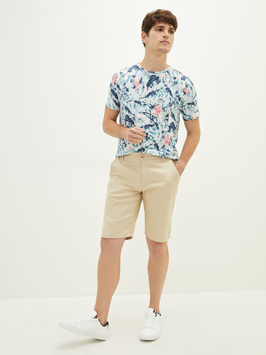 Bej Standart Kalıp Keten Görünümlü Erkek Şort-1