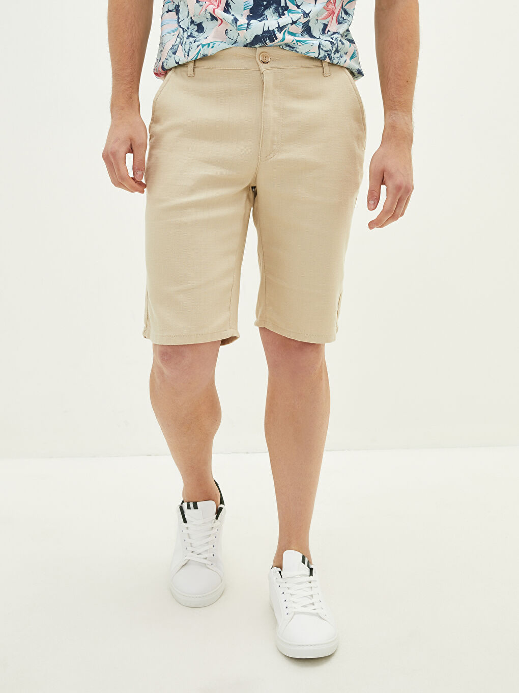 Bej Standart Kalıp Keten Görünümlü Erkek Şort-3