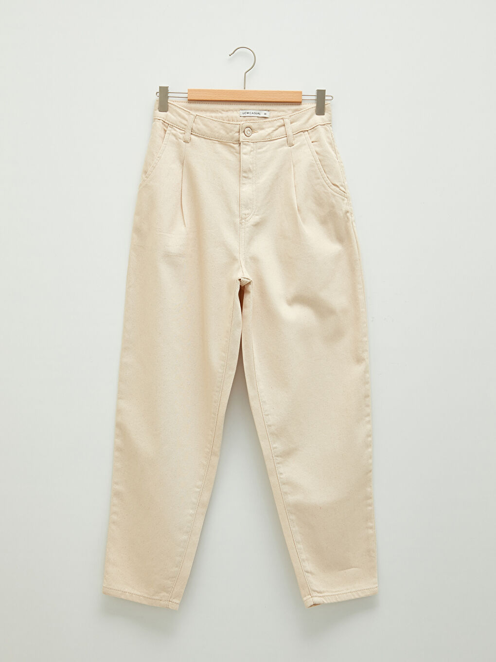 Ekru Yüksek Bel Bol Fit Cep Detaylı Gabardin Kadın Pantolon-5