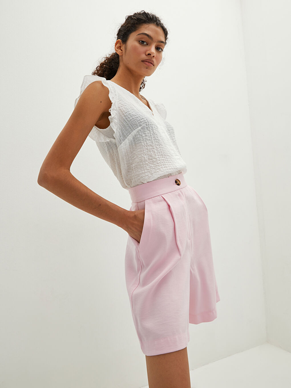 Pembe Yüksek Bel Rahat Kalıp Kadın Şort-1