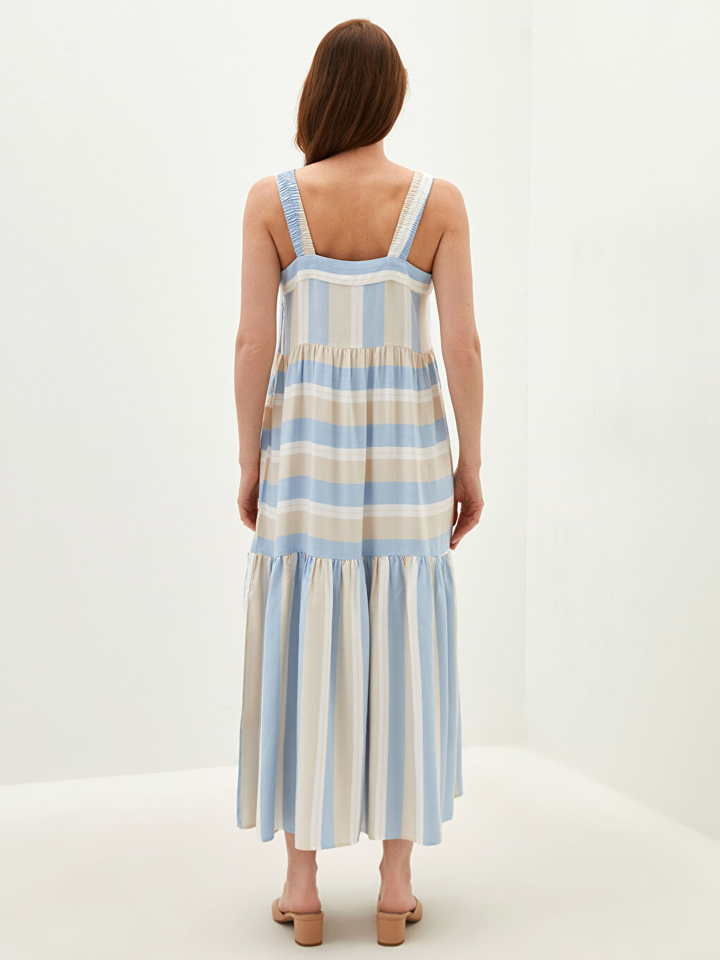 Kare Yaka Askılı Çizgili Viskon Kadın Elbise-3