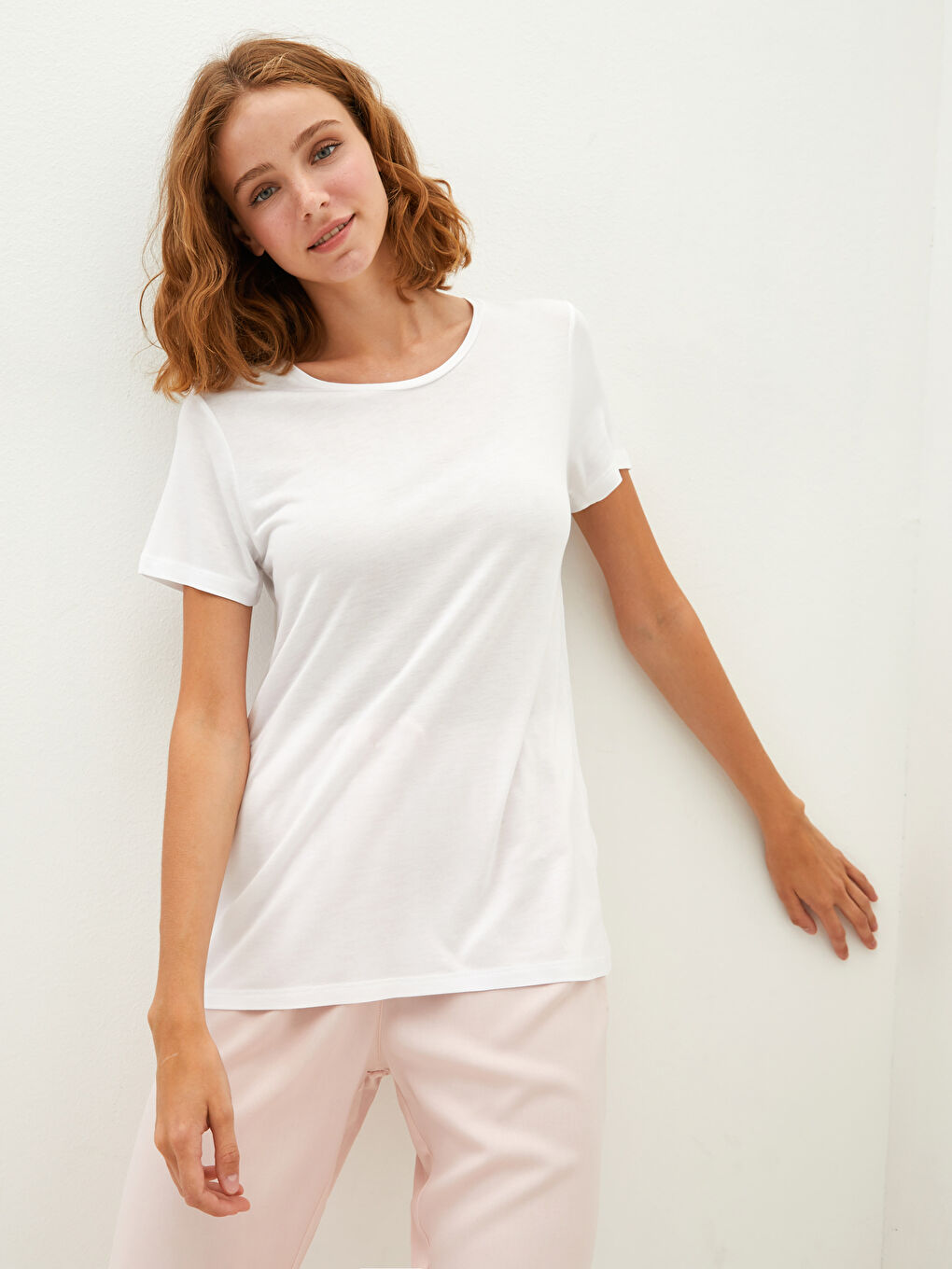 Pembe Bisiklet Yaka Düz Kısa Kollu Viskon Kadın Pijama Takımı-2